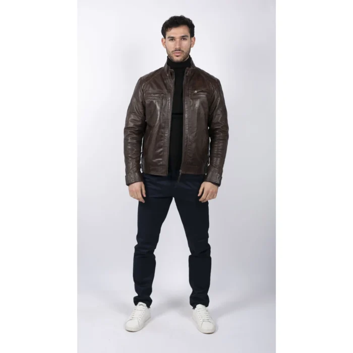 Mens Retro Style Zipped Biker Jacket Real Leather Soft Black Casual - Image 14