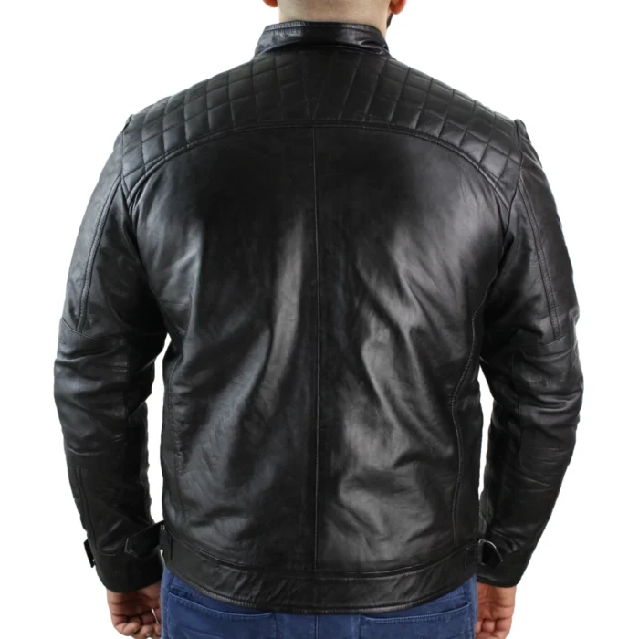 Mens Retro Style Zipped Biker Jacket Real Leather Soft Black Casual - Image 6