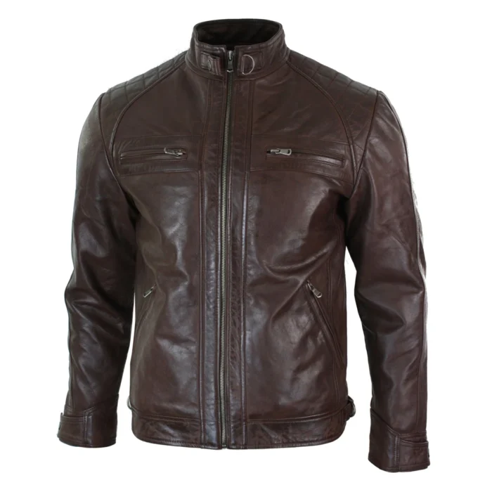 Mens Retro Style Zipped Biker Jacket Real Leather Soft Black Casual - Image 20