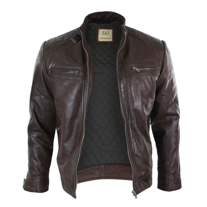 Mens Retro Style Zipped Biker Jacket Real Leather Soft Black Casual - Image 22