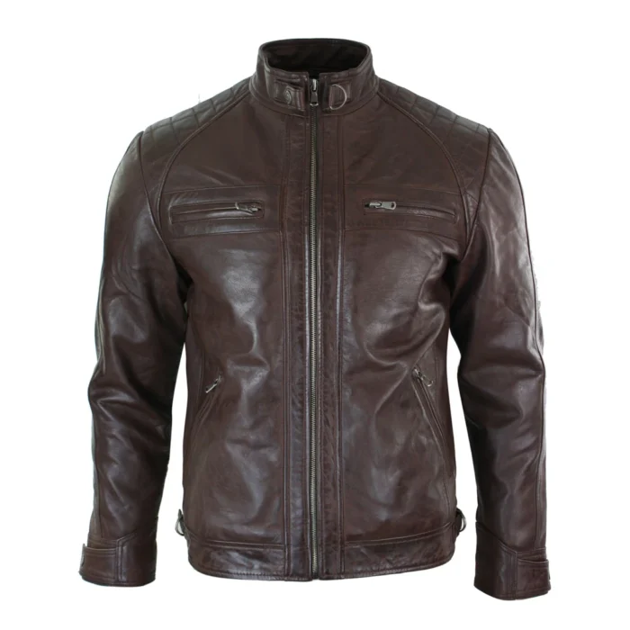 Mens Retro Style Zipped Biker Jacket Real Leather Soft Black Casual - Image 18