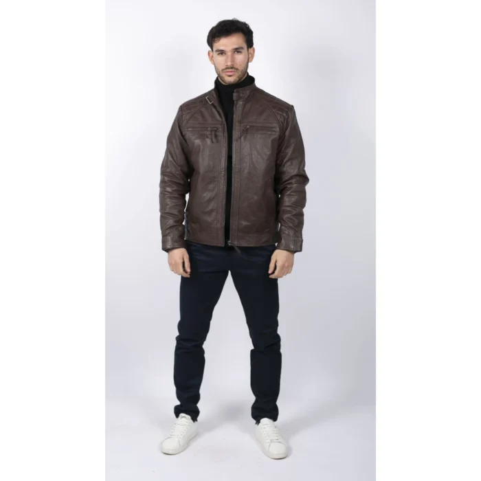 Mens Retro Style Zipped Biker Jacket Real Leather Soft Black Casual - Image 19