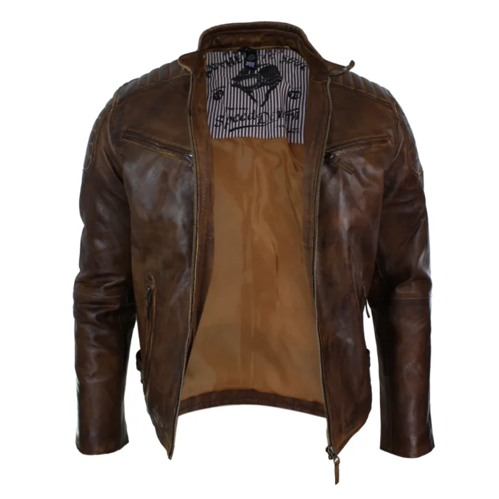 Mens Retro Style Zipped Biker Jacket Real Leather Soft Black Casual - Image 28