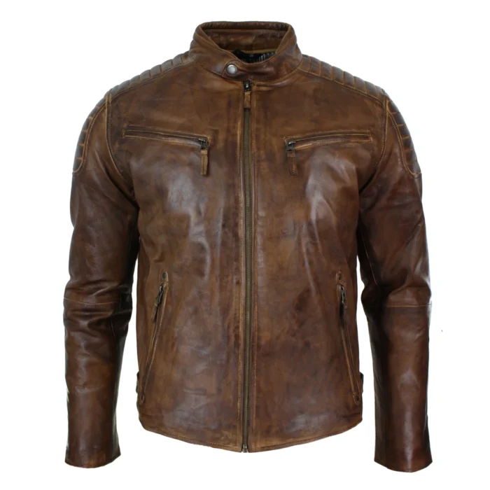 Mens Retro Style Zipped Biker Jacket Real Leather Soft Black Casual - Image 24