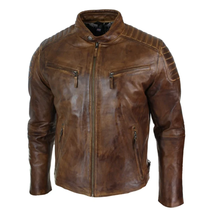 Mens Retro Style Zipped Biker Jacket Real Leather Soft Black Casual - Image 26