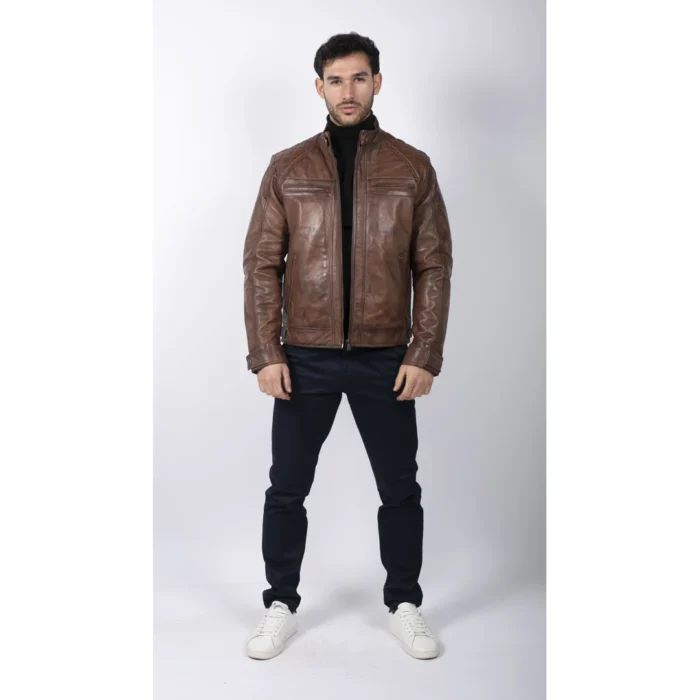 Mens Retro Style Zipped Biker Jacket Real Leather Soft Black Casual - Image 25