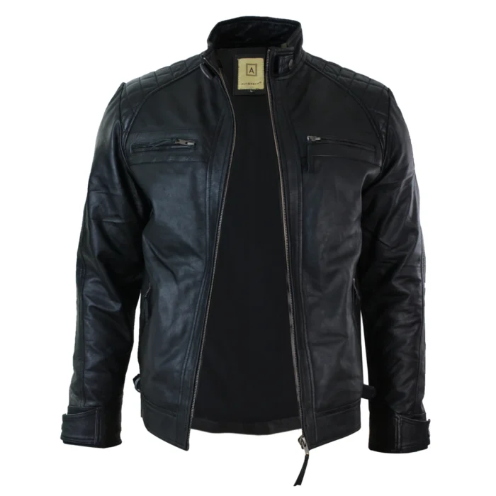 Mens Retro Style Zipped Biker Jacket Real Leather Soft Black Casual - Image 3
