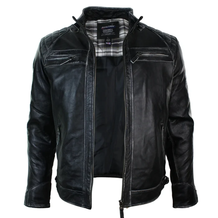 Mens Retro Style Zipped Biker Jacket Real Leather Soft Black Casual - Image 38