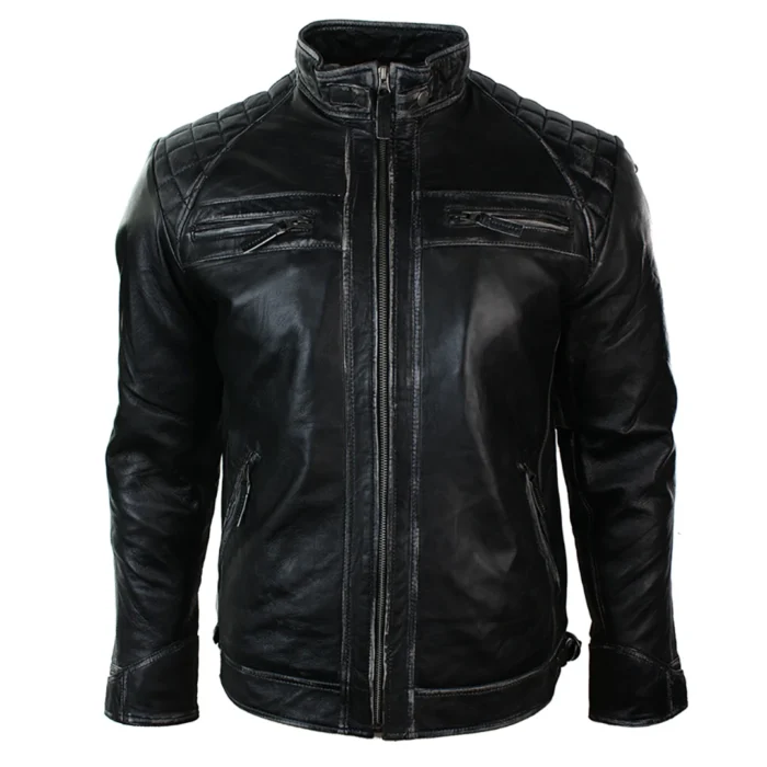 Mens Retro Style Zipped Biker Jacket Real Leather Soft Black Casual - Image 36