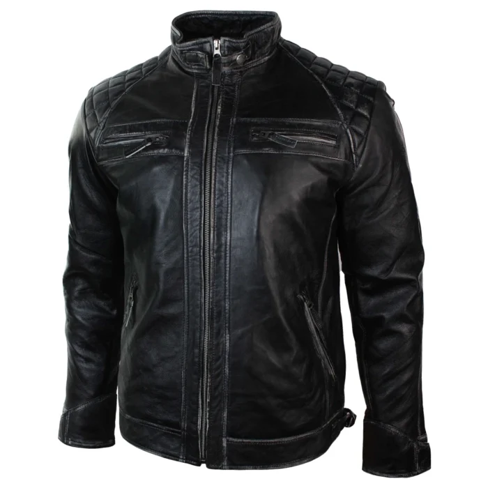 Mens Retro Style Zipped Biker Jacket Real Leather Soft Black Casual - Image 37