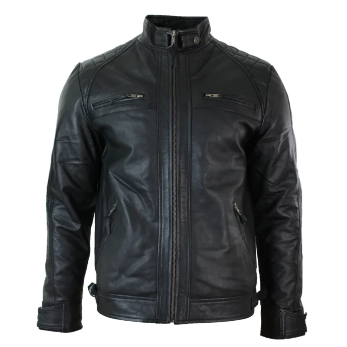 Mens Retro Style Zipped Biker Jacket Real Leather Soft Black Casual - Image 2