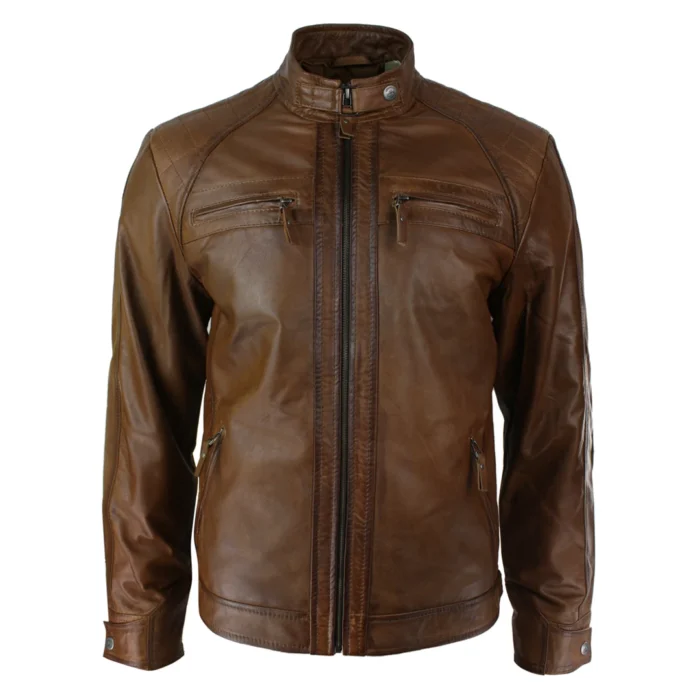 Mens Retro Style Zipped Biker Jacket Real Leather Soft Black Casual - Image 40