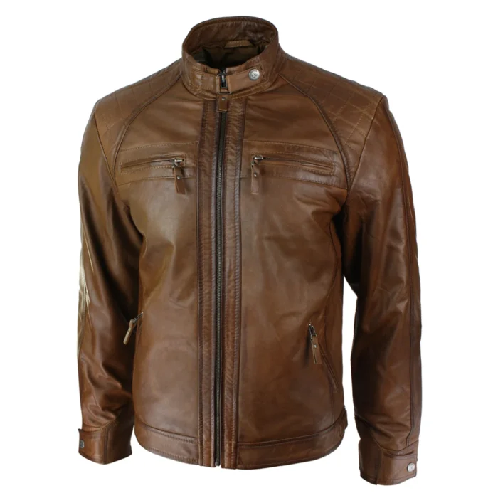 Mens Retro Style Zipped Biker Jacket Real Leather Soft Black Casual - Image 41
