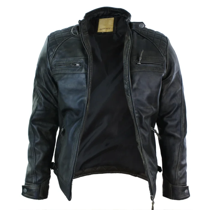 Mens Retro Style Zipped Biker Jacket Real Leather Soft Black Casual - Image 49