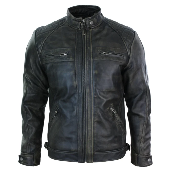 Mens Retro Style Zipped Biker Jacket Real Leather Soft Black Casual - Image 45