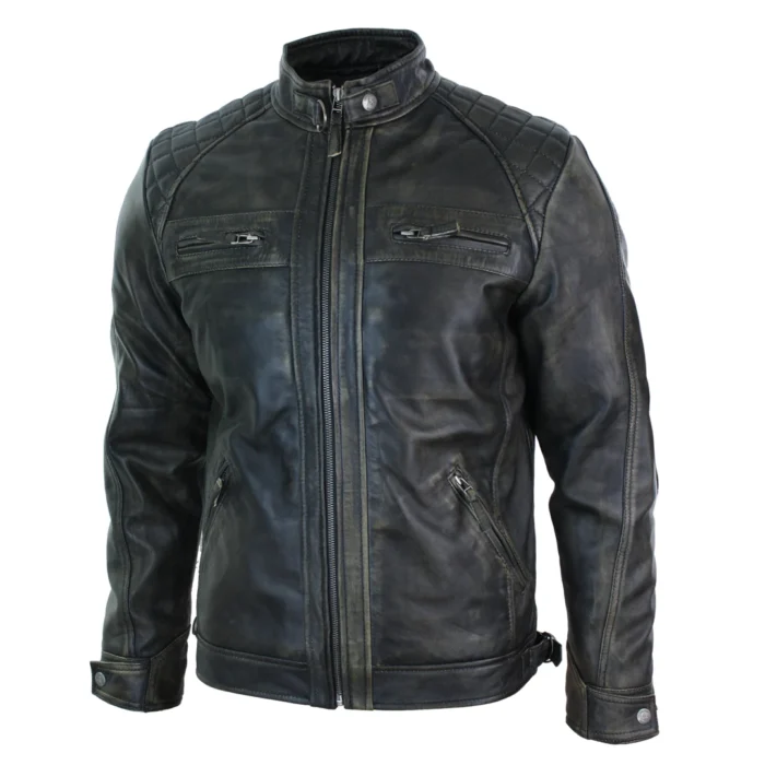 Mens Retro Style Zipped Biker Jacket Real Leather Soft Black Casual - Image 47