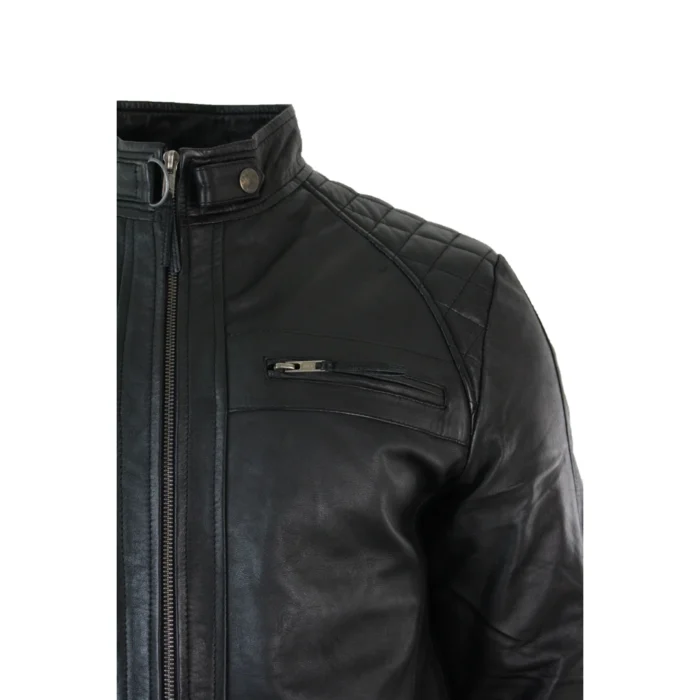 Mens Retro Style Zipped Biker Jacket Real Leather Soft Black Casual - Image 4