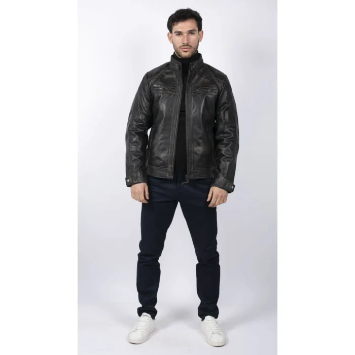 Mens Retro Style Zipped Biker Jacket Real Leather Soft Black Casual - Image 46