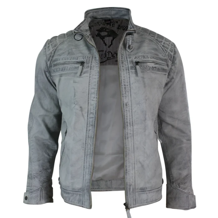 Mens Retro Style Zipped Biker Jacket Real Leather Soft Black Casual - Image 54