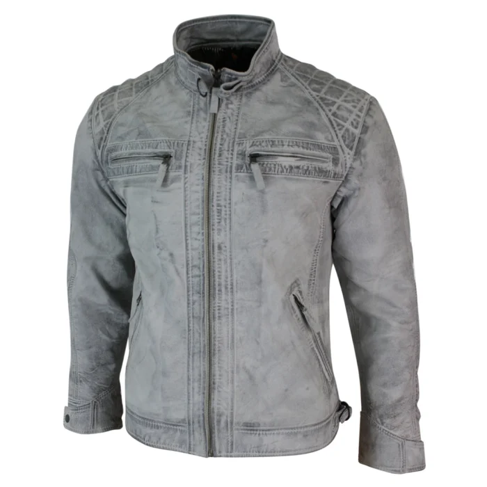 Mens Retro Style Zipped Biker Jacket Real Leather Soft Black Casual - Image 53