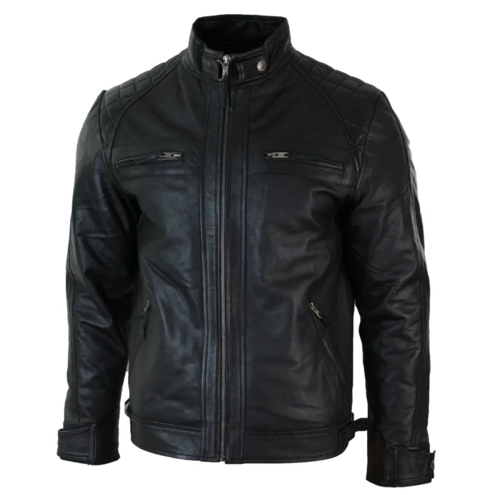 Mens Retro Style Zipped Biker Jacket Real Leather Soft Black Casual - Image 5
