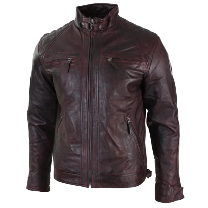 Mens Retro Style Zipped Biker Jacket Real Leather Soft Black Casual - Image 59