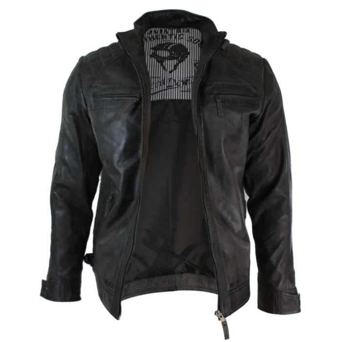 Mens Retro Style Zipped Biker Jacket Real Leather Soft Black Casual - Image 65
