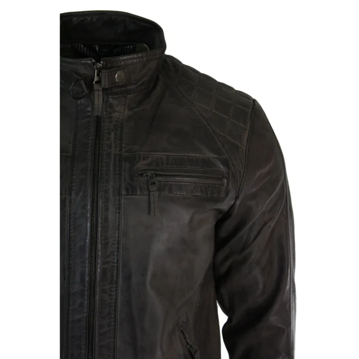 Mens Retro Style Zipped Biker Jacket Real Leather Soft Black Casual - Image 66