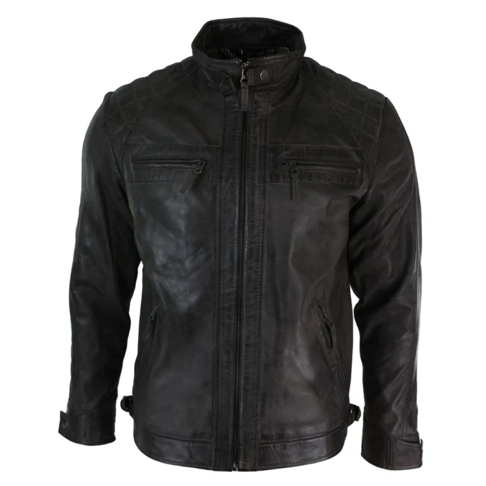 Mens Retro Style Zipped Biker Jacket Real Leather Soft Black Casual - Image 63