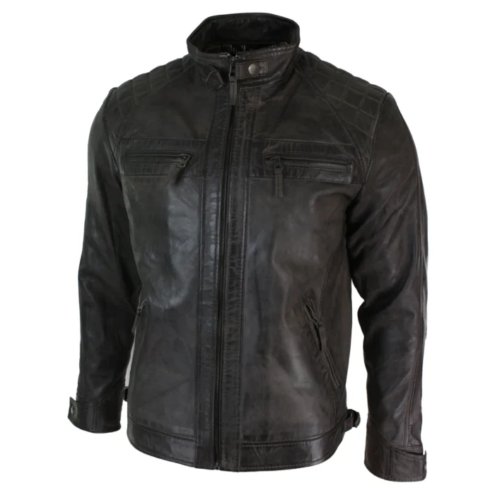 Mens Retro Style Zipped Biker Jacket Real Leather Soft Black Casual - Image 64