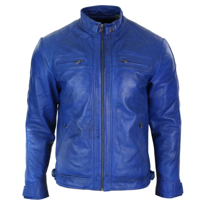 Mens Retro Style Zipped Biker Jacket Real Leather Soft Black Casual - Image 7