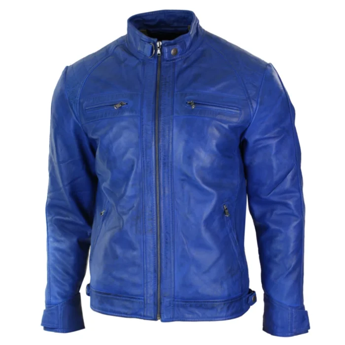 Mens Retro Style Zipped Biker Jacket Real Leather Soft Black Casual - Image 10