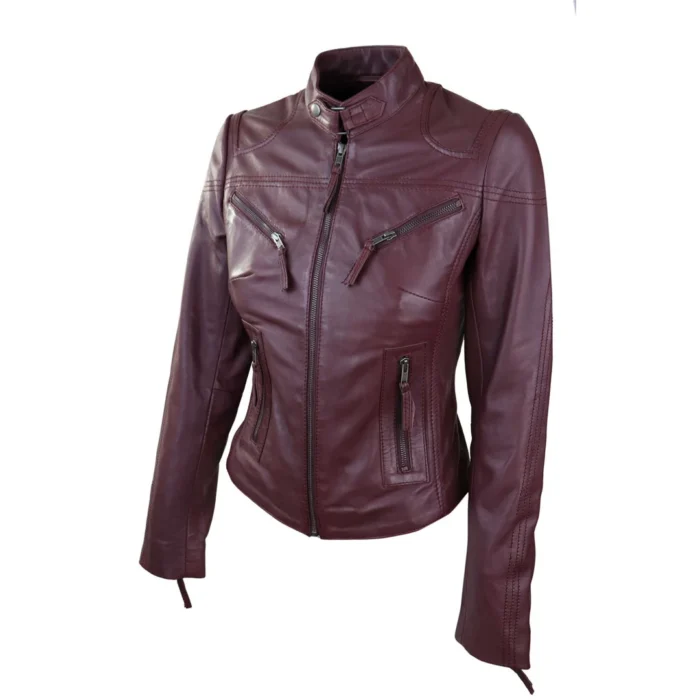 Ladies Womens Real Leather Vintage Slim Fit Biker Leather Jacket - Image 11