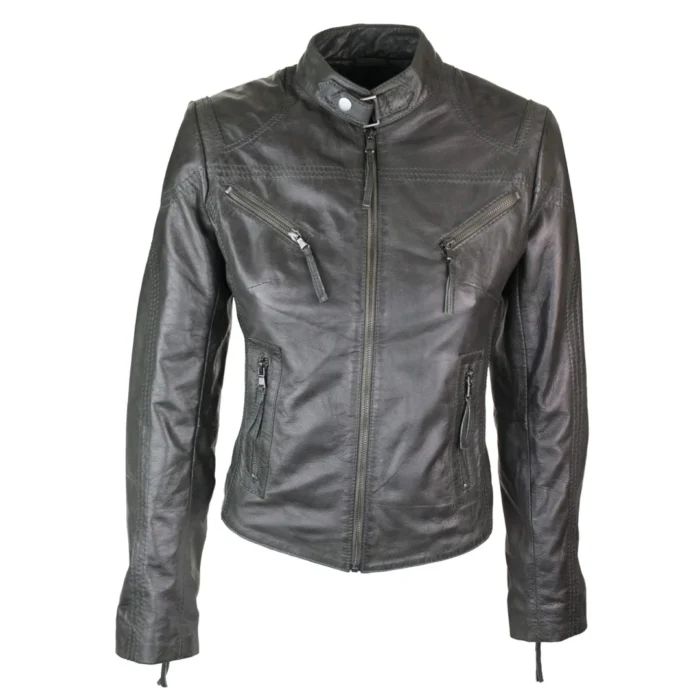 Ladies Womens Real Leather Vintage Slim Fit Biker Leather Jacket - Image 13