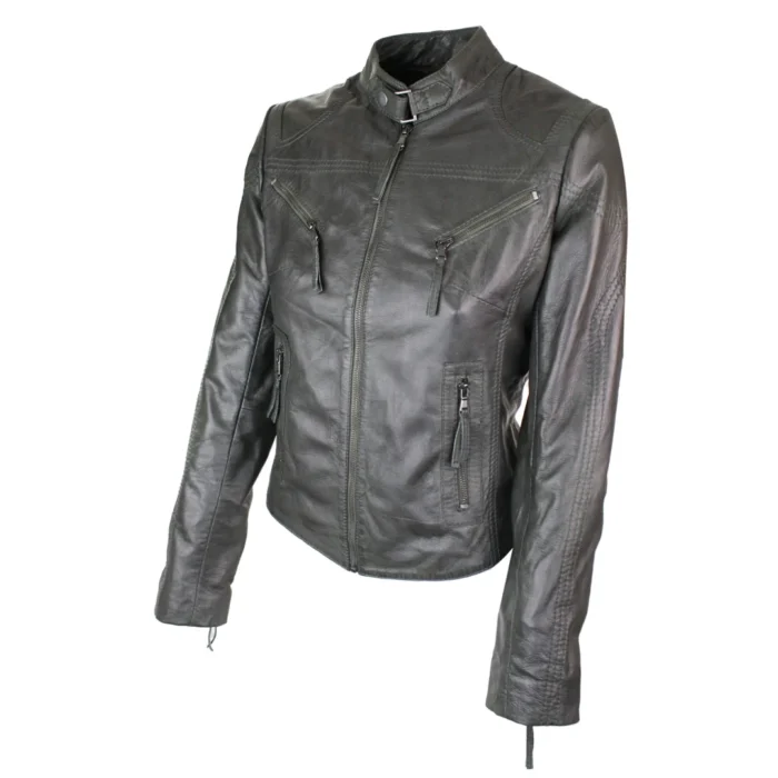 Ladies Womens Real Leather Vintage Slim Fit Biker Leather Jacket - Image 14