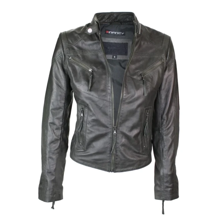 Ladies Womens Real Leather Vintage Slim Fit Biker Leather Jacket - Image 12