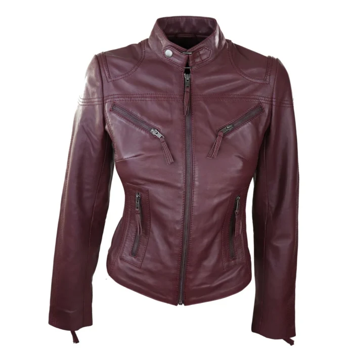 Ladies Womens Real Leather Vintage Slim Fit Biker Leather Jacket - Image 9
