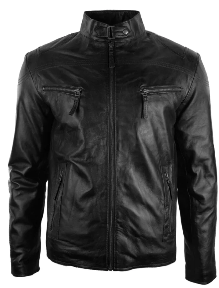 Mens Real Leather Jacket Biker Style Vintage Black Zipped Pockets Casual Fitted - Image 1