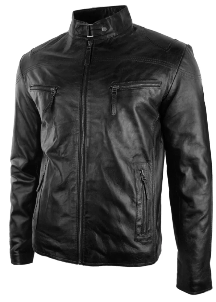 Mens Real Leather Jacket Biker Style Vintage Black Zipped Pockets Casual Fitted - Image 3