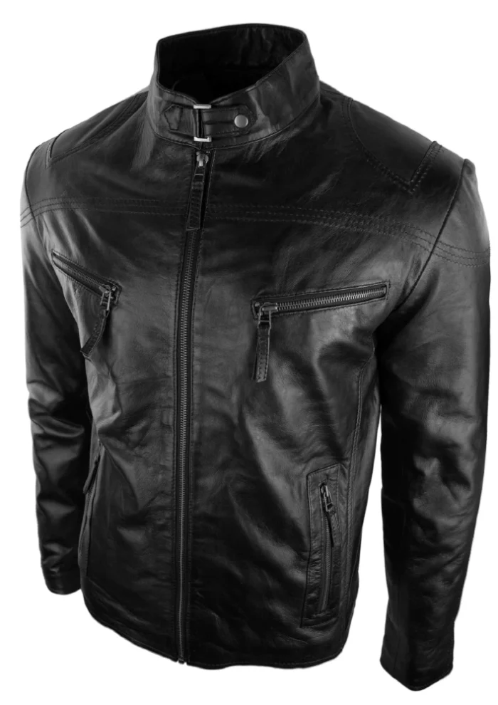 Mens Real Leather Jacket Biker Style Vintage Black Zipped Pockets Casual Fitted - Image 4