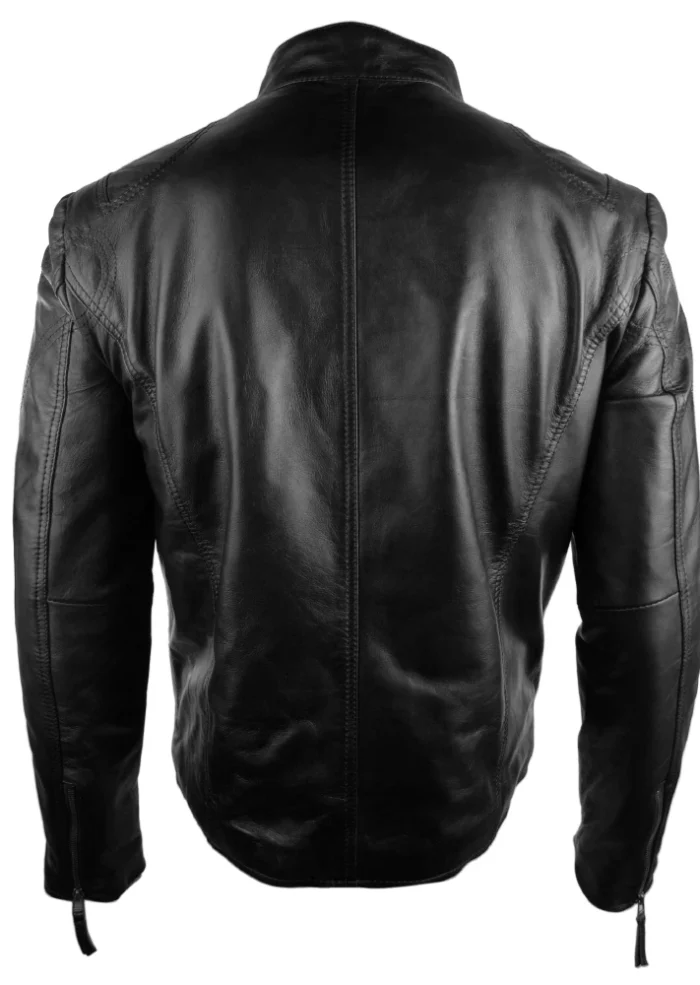 Mens Real Leather Jacket Biker Style Vintage Black Zipped Pockets Casual Fitted - Image 5