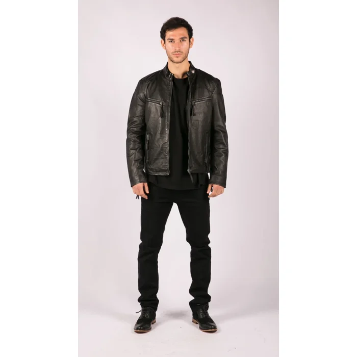 Mens Real Leather Jacket Biker Style Vintage Black Zipped Pockets Casual Fitted - Image 2