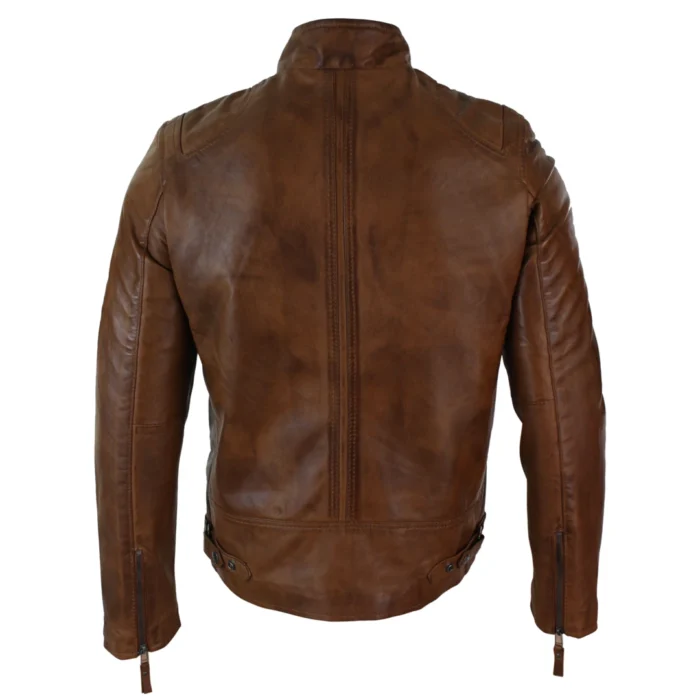 Mens Real Leather Jacket Biker Style Vintage Black Zipped Pockets Casual Fitted - Image 9