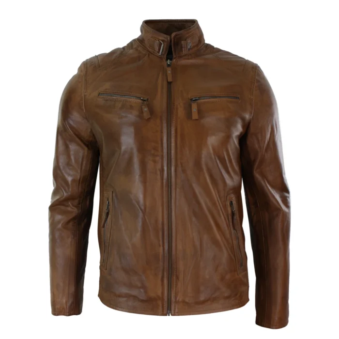 Mens Real Leather Jacket Biker Style Vintage Black Zipped Pockets Casual Fitted - Image 6