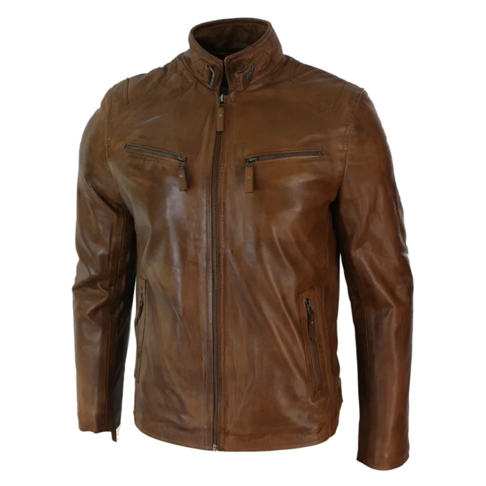 Mens Real Leather Jacket Biker Style Vintage Black Zipped Pockets Casual Fitted - Image 7