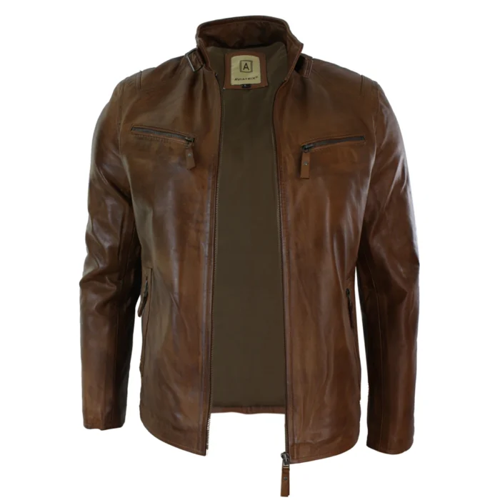 Mens Real Leather Jacket Biker Style Vintage Black Zipped Pockets Casual Fitted - Image 8