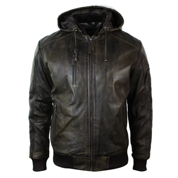 Mens Brown Washed Distressed Removable Hood Bomber Leather Jacket Quilted - Image 1