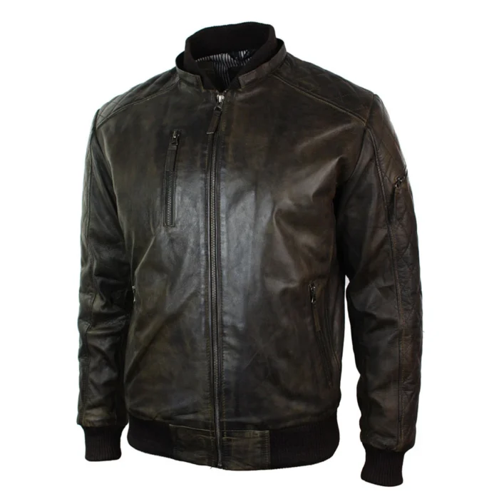 Mens Brown Washed Distressed Removable Hood Bomber Leather Jacket Quilted - Image 4