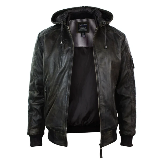 Mens Brown Washed Distressed Removable Hood Bomber Leather Jacket Quilted - Image 5