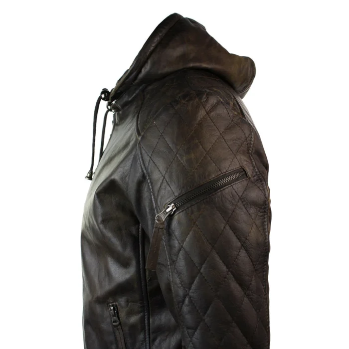 Mens Brown Washed Distressed Removable Hood Bomber Leather Jacket Quilted - Image 6
